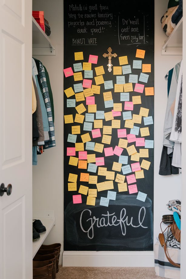 Closet with gratitude notes and small cross