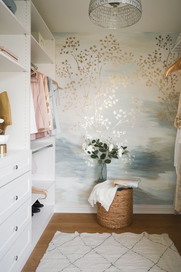 Prayer closet with celestial colors of white, gold, and blue