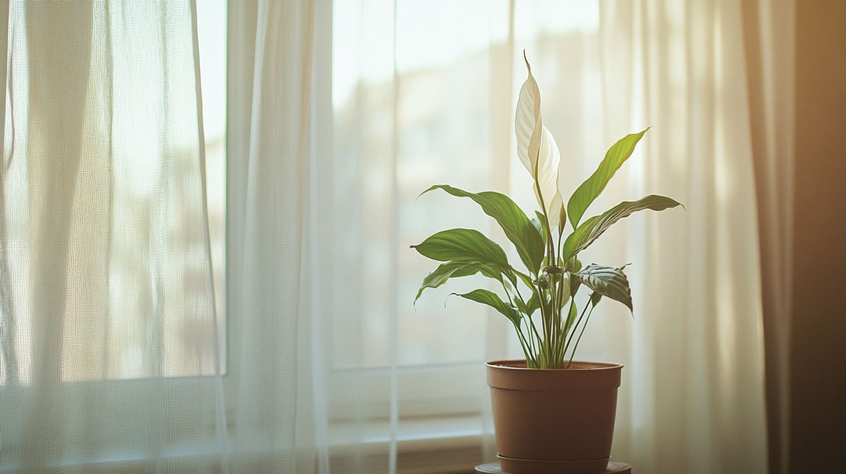 How to Position a Peace Lily Plant Near Apartment Windows: Peace lily near east-facing window with sheer curtains