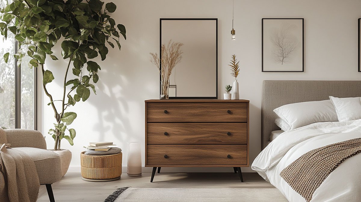 Compact Cambeck dresser in stylish, minimalist apartment bedroom