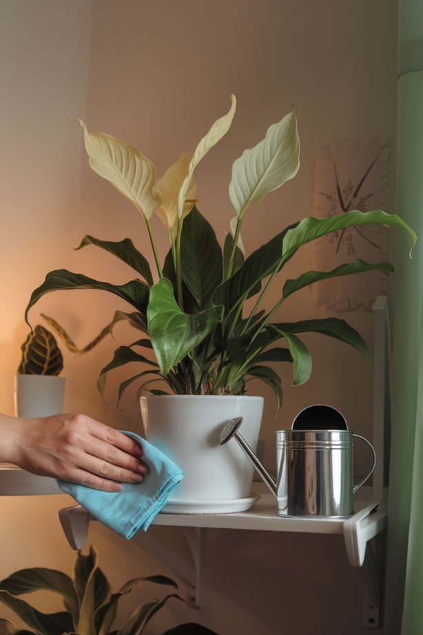 Identifying Signs of Nutrient Deficiency: Peace lily with yellowing leaves on apartment shelf