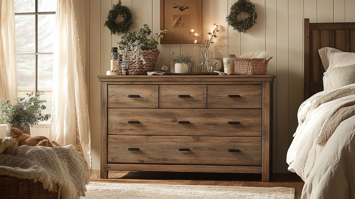 Cambeck dresser with rustic accents in a cozy bedroom