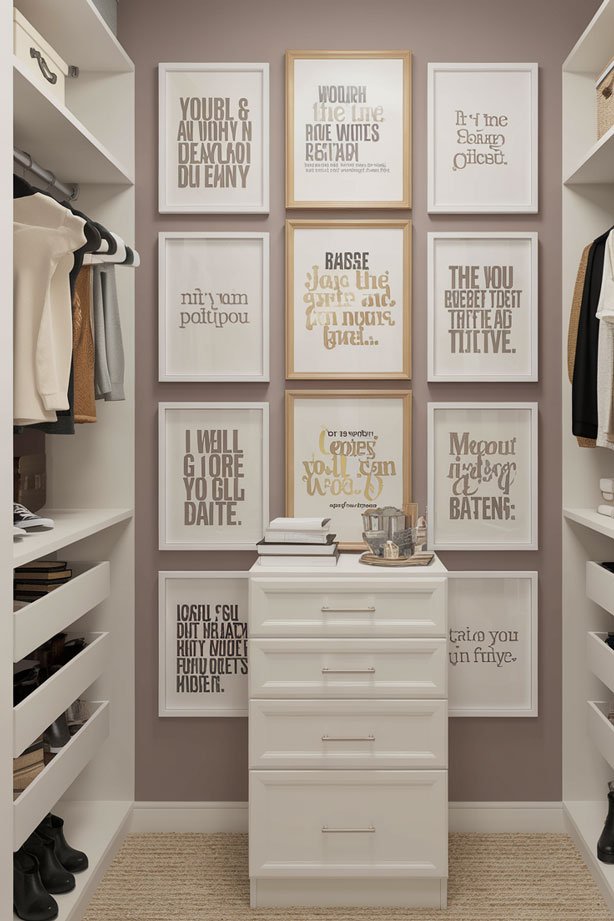 Closet with framed inspirational quotes