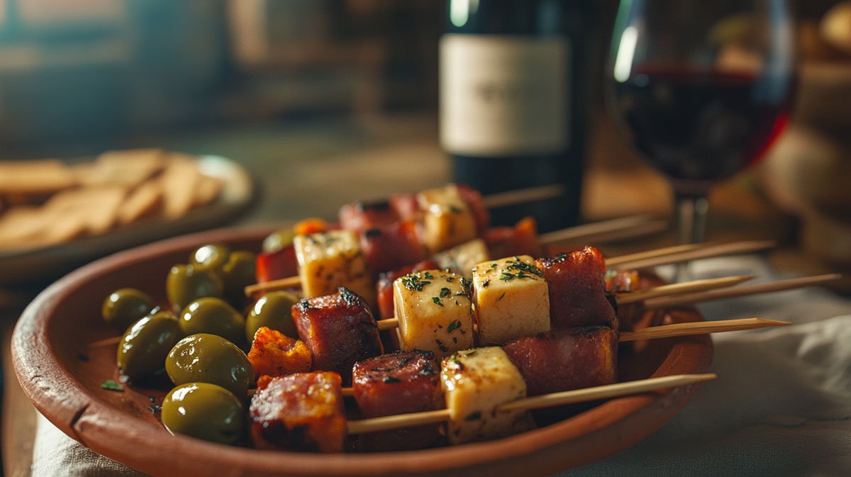 Manchego, chorizo, and olive skewers on a plate.