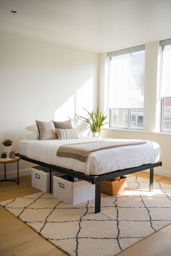 Bed elevated on black adjustable risers