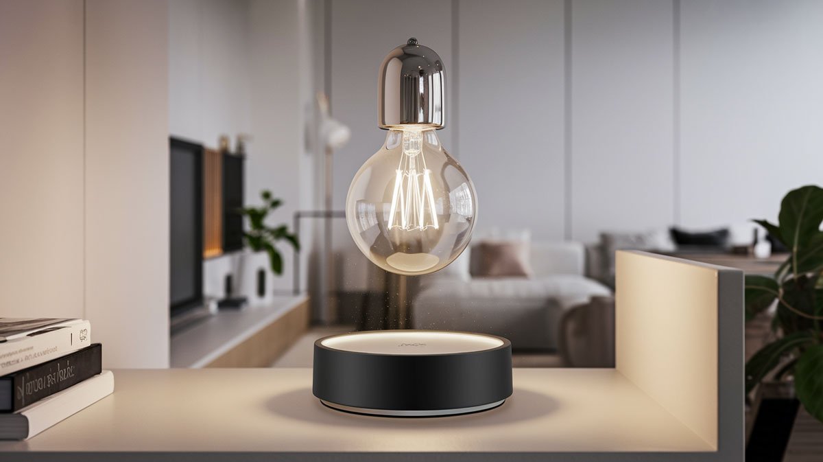 Levitating lamp in modern apartment living room