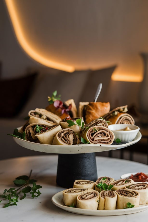 Pinwheels and rolls on ceramic platter