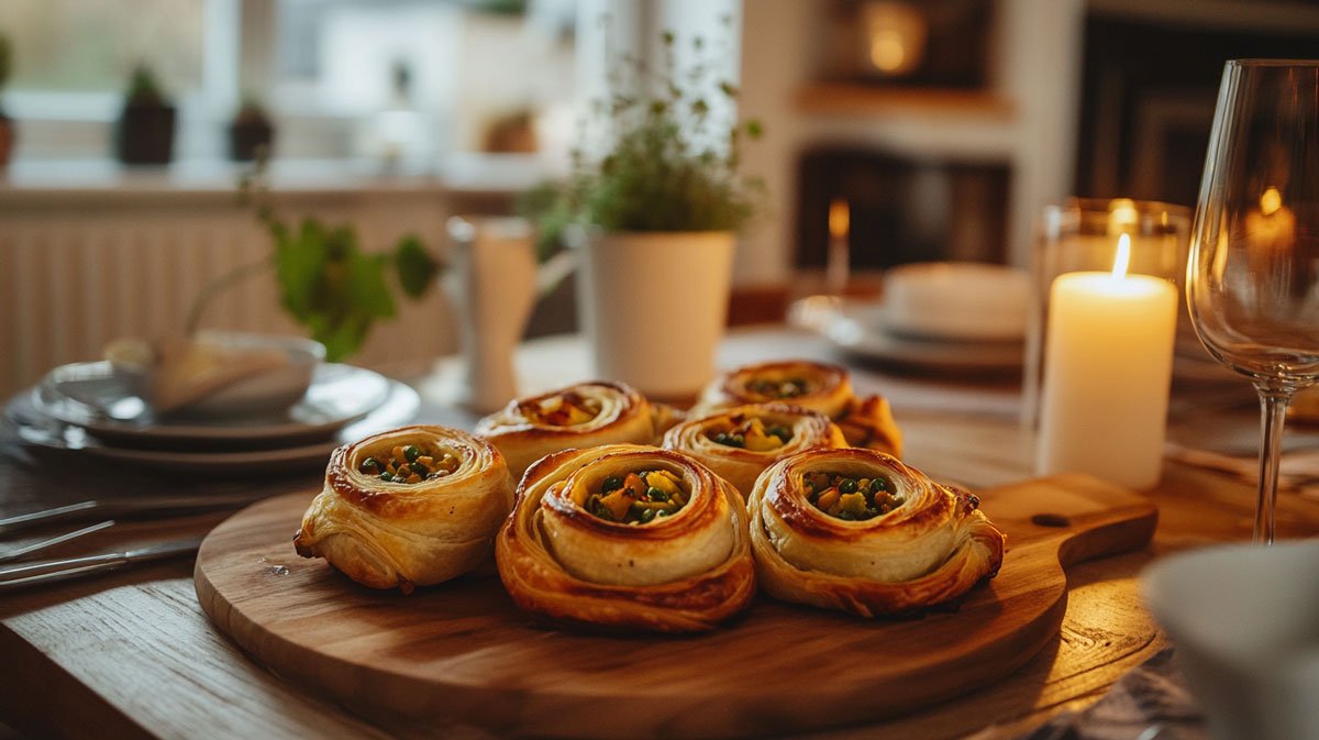 Potato and pea samosa pinwheels on a wooden board.