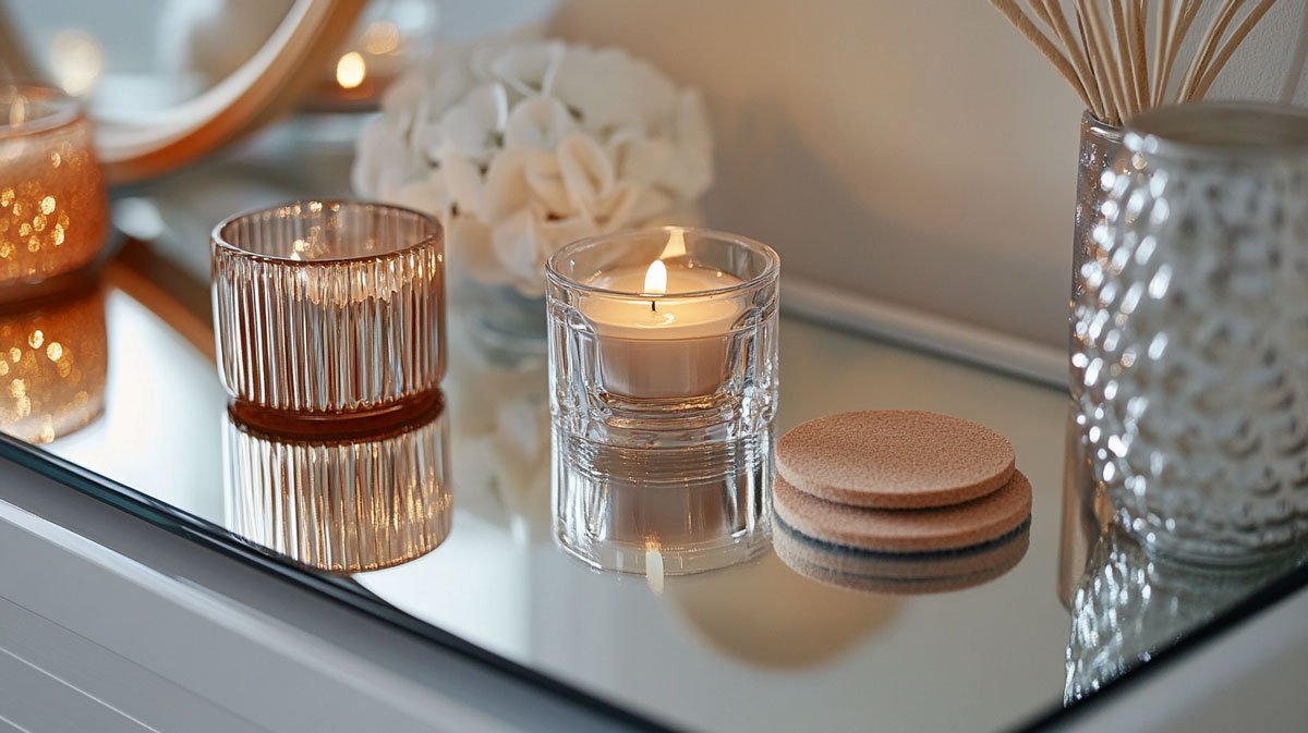 Felt pads and coasters protect mirrored dresser surface