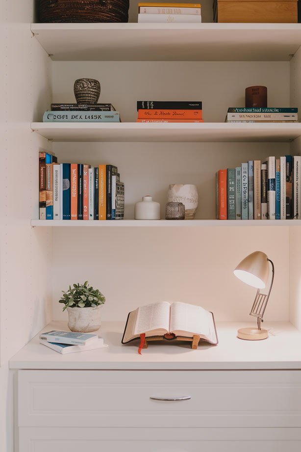 Scripture-focused prayer closet with reading lamp