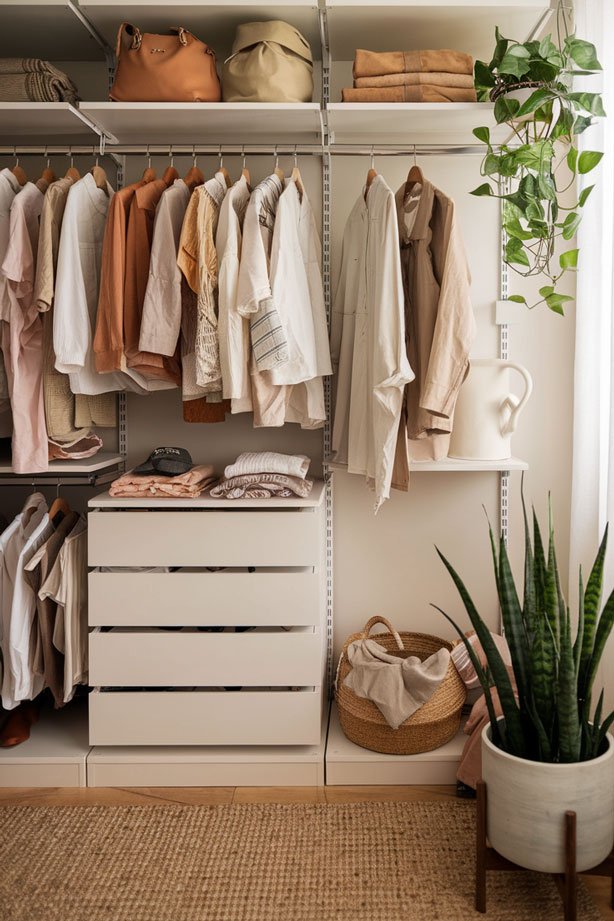 Nature-themed prayer closet with earth tones and potted plants