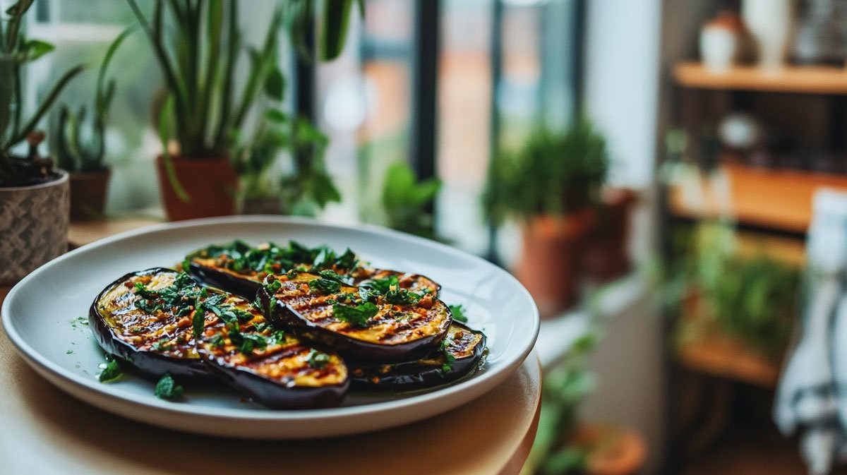 Grilled eggplant with mint and garlic dressing.