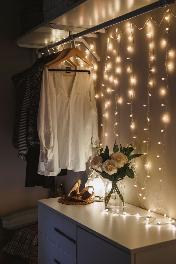 Dimly lit prayer closet with fairy lights