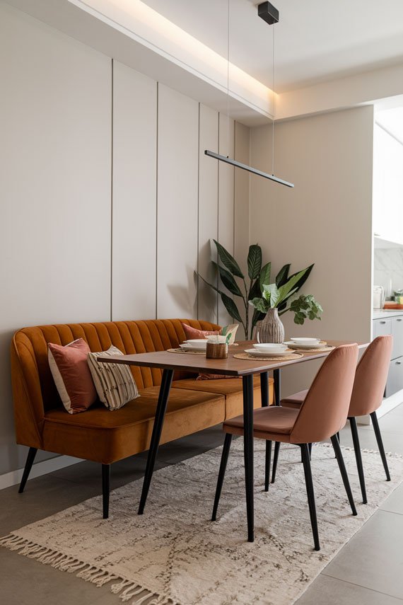 Armless velvet sofa in a dining nook with a wooden table.