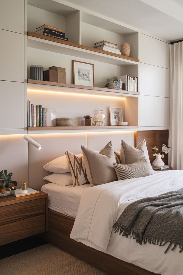 Bedroom with creative bed shelves.