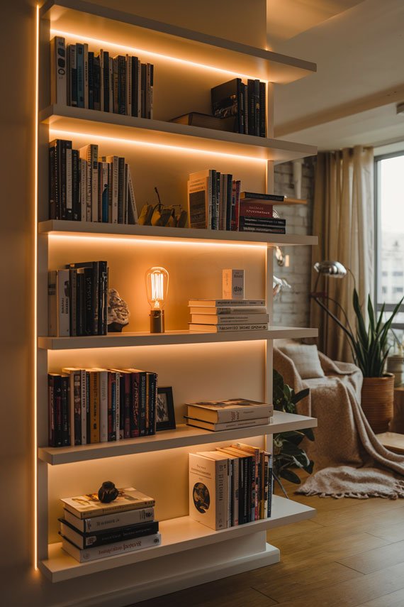 Warm-lit bookcase with LED lighting.