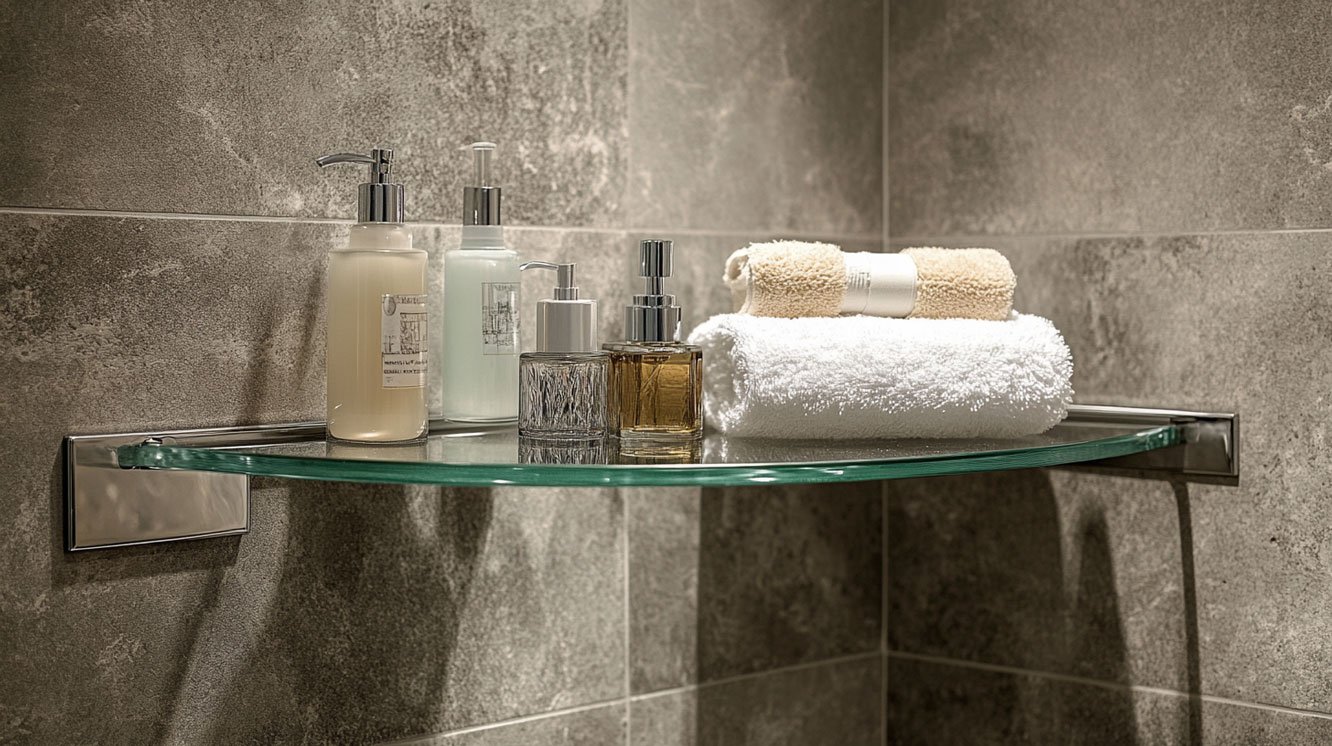 Corner shower shelf with bathroom essentials.