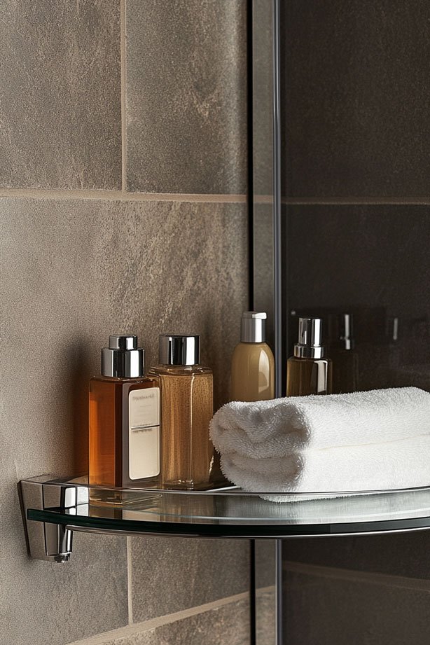 Corner shower shelf with bathroom essentials.