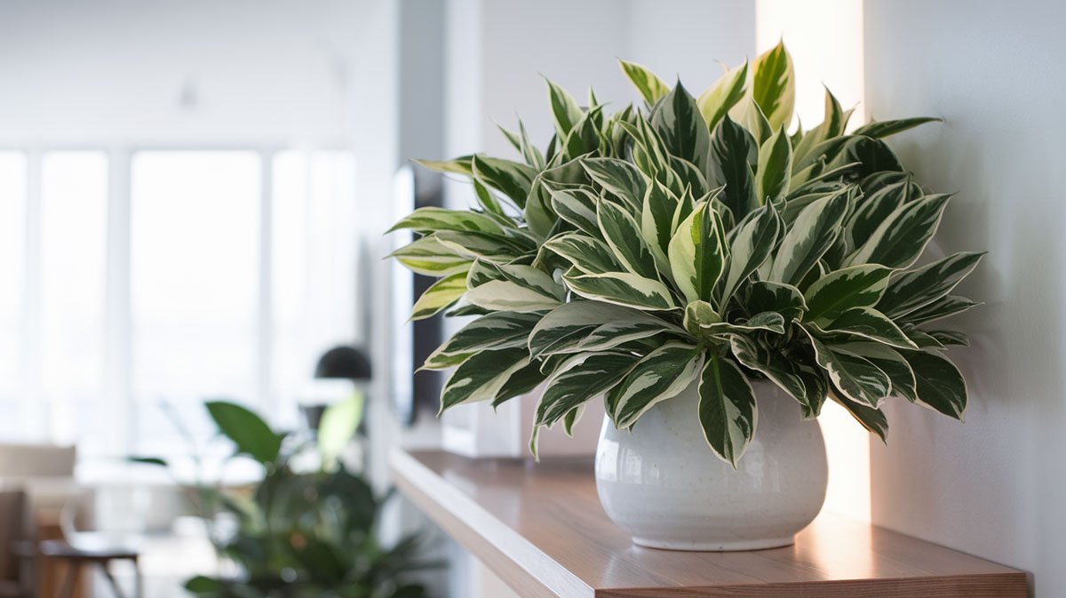 Chinese evergreen plant in white ceramic pot.