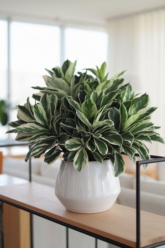 Chinese evergreen plant in white ceramic pot.