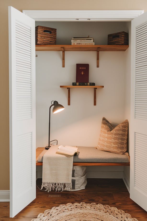 Reading nook closet with holy books and comfortable seat