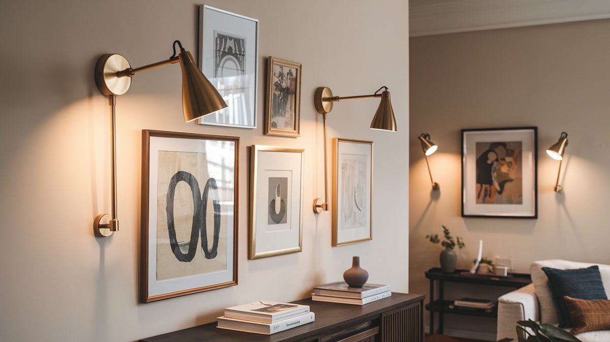 Modern brass wall sconces illuminating framed art in an apartment.