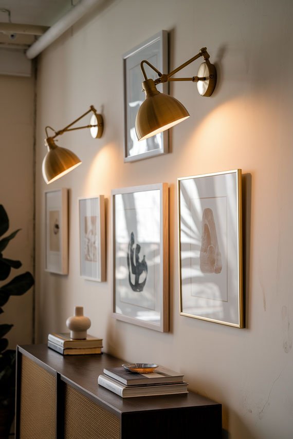 Modern brass wall sconces illuminating framed art in an apartment.