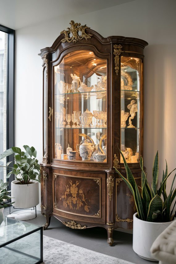 Antique French curio cabinet in urban apartment