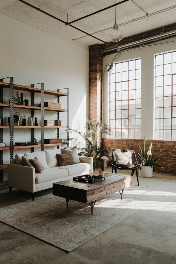 Exposed brick apartment with industrial decor.