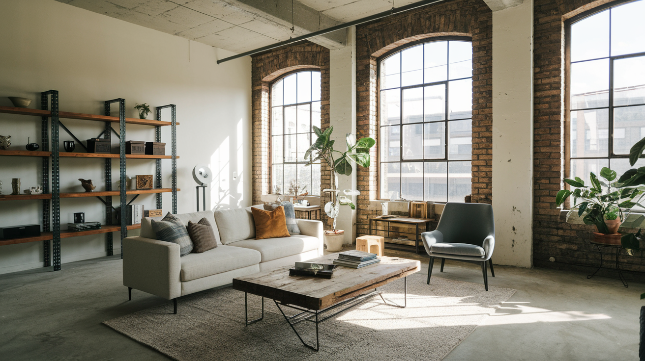 Exposed brick apartment with industrial decor.