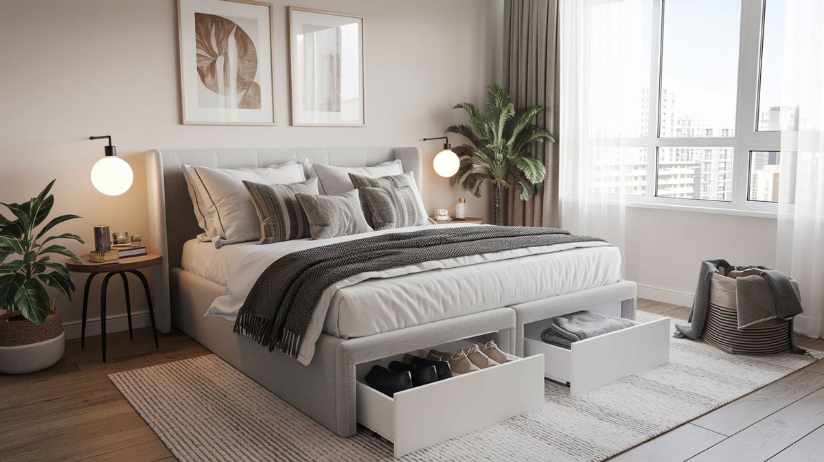 Underbed storage drawers in modern bedroom.