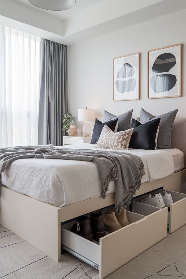 Underbed storage drawers in modern bedroom.