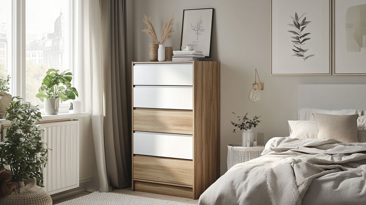 Tall, narrow chest of drawers in a small bedroom corner