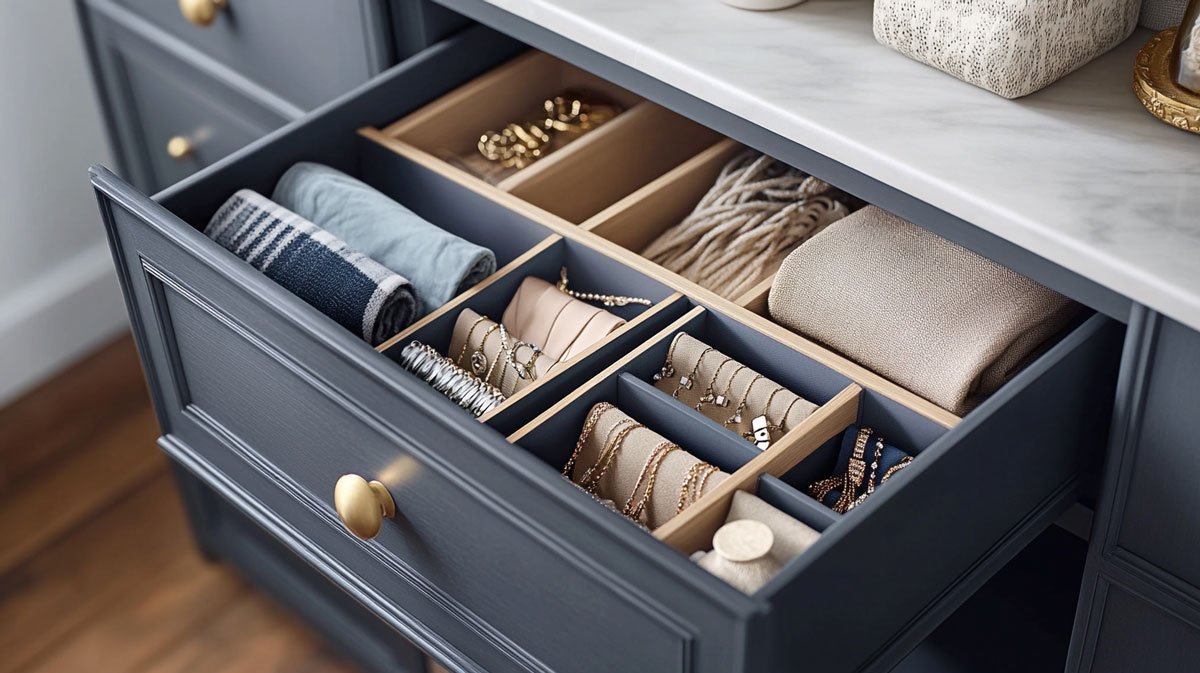 Organized top drawer in dresser with jewelry and small items