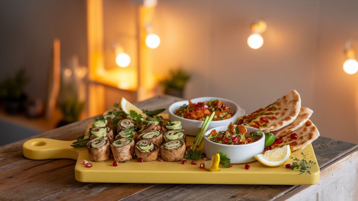 Vegetable appetizers on yellow serving board