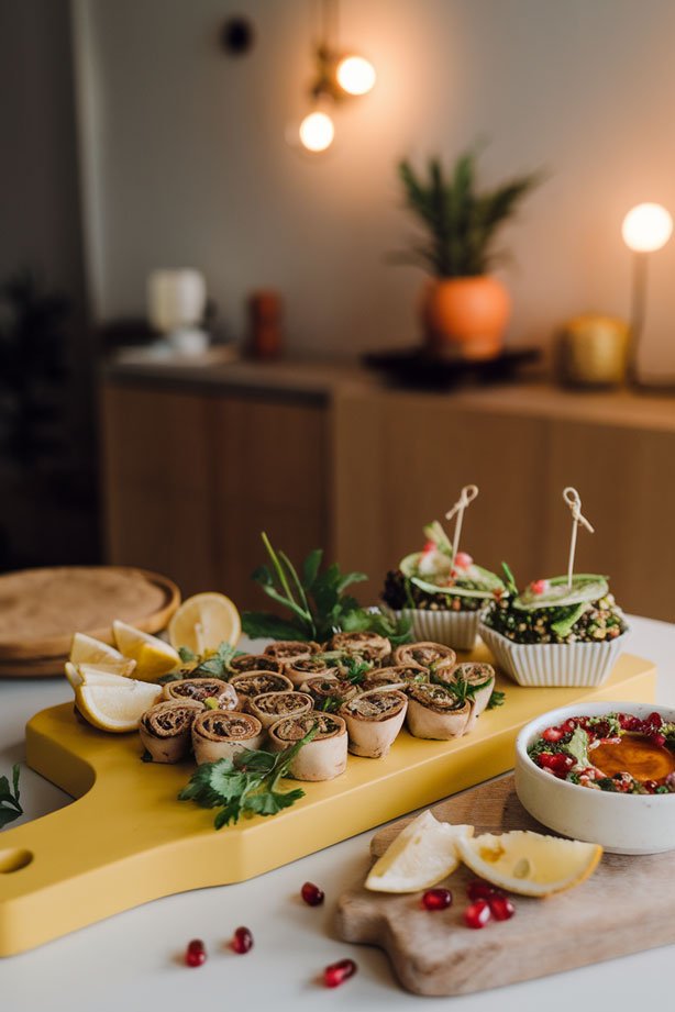 Vegetable appetizers on yellow serving board