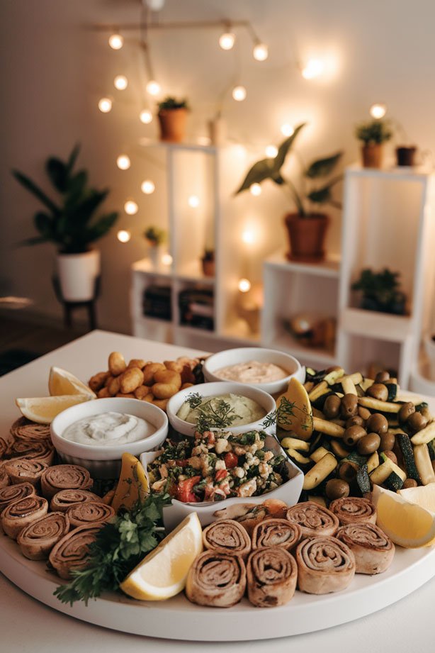 Vegetarian appetizers on white platter