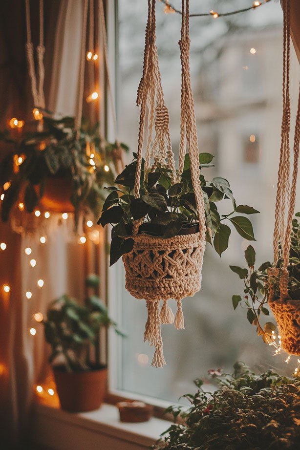 Macrame plant hangers in apartment.