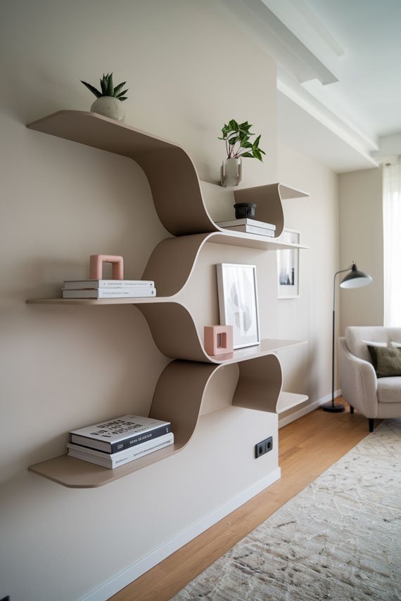 Wavy floating shelf with decor items in an apartment living room.