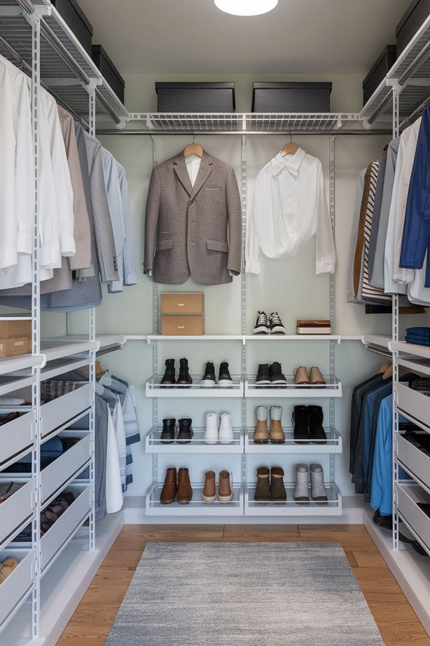 Organized closet with wire shelving.