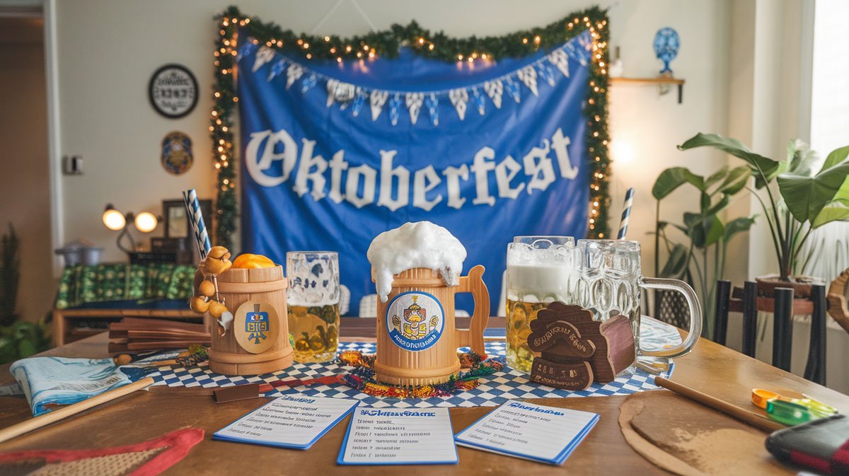 Apartment table with Oktoberfest game props and festive decor.