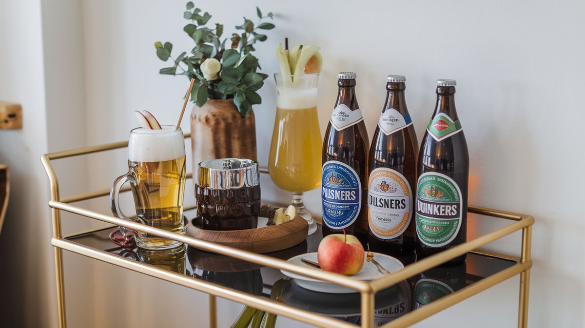 Compact bar cart with Oktoberfest drinks in an apartment.