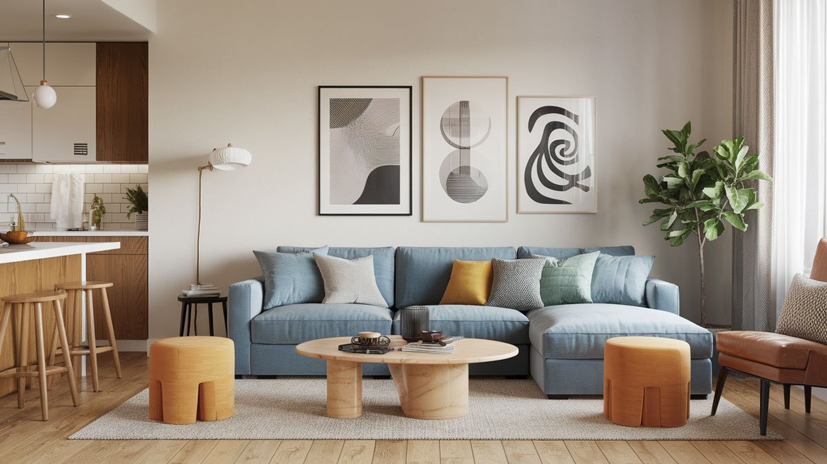 Apartment with foldable stools and temporary dividers.