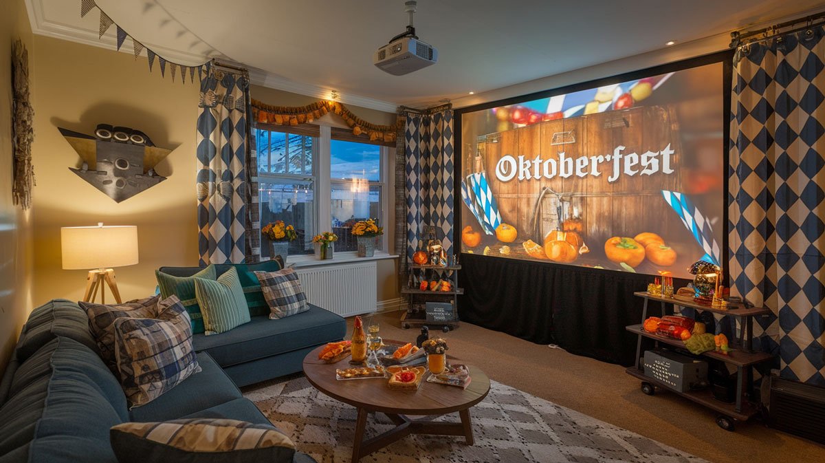 Cozy apartment movie night with Oktoberfest snacks.