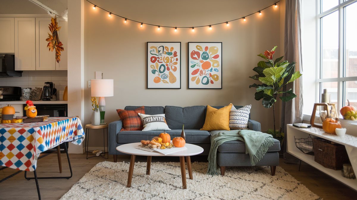 Apartment with Oktoberfest table setup and fall decor.