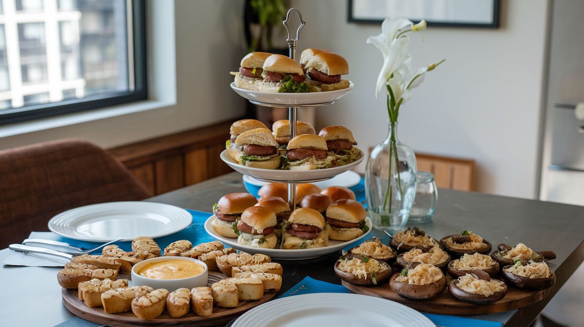 Tiered platter with mini brat sliders and pretzel bites.