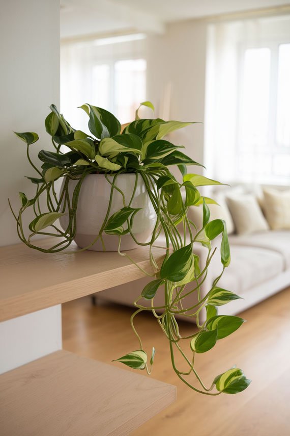 Golden pothos plant with cascading vines in apartment.