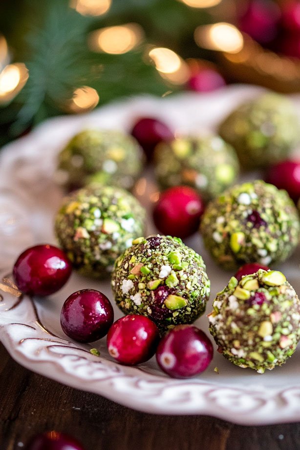 Cranberry goat cheese truffles with pistachios