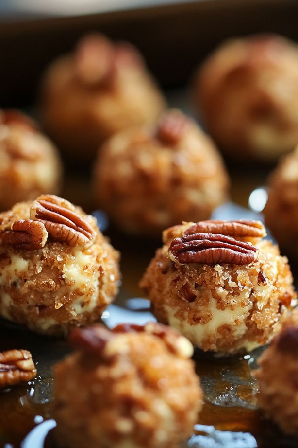 Edible Christmas Ornaments: Candied pecan blue cheese balls with cinnamon stick garnish