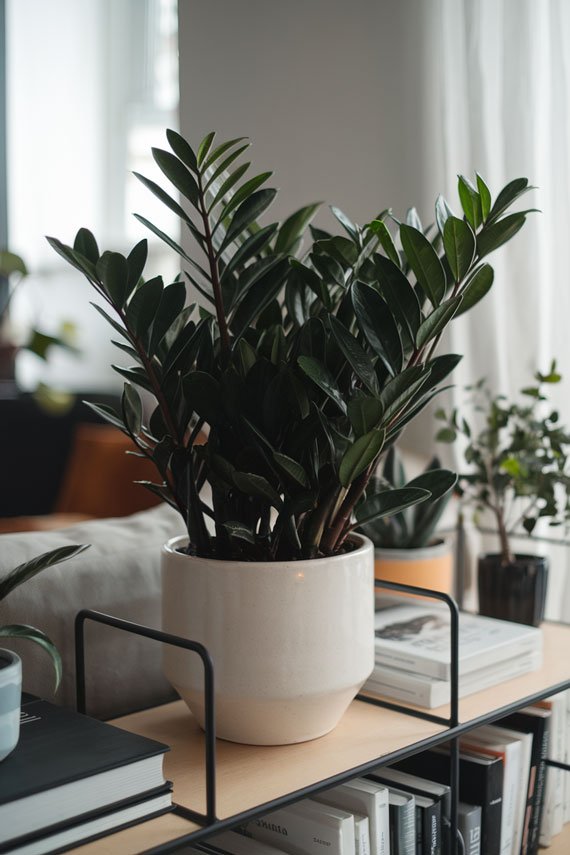 ZZ plant in a white pot, minimalist apartment.